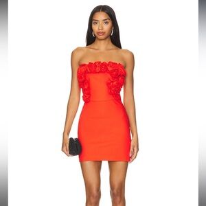 NBD Strapless Red Orange Rose-Applique Mini Dress